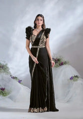 India Silk Black Sarees Made From Crepe Satin Silk Blend Traditional Craftsmanship With A Soft Elegant Texture